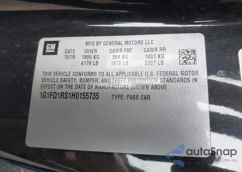 2017 Chevrolet Camaro 2Lt из США, поврежденный, VIN 1G1FD1RS1H0155735